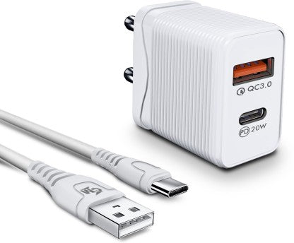 CALLMATE 20 W QUALCOMM 3.0 3 A MULTIPORT MOBILE 20W PD QC ULTRA-COMPACT USB C WALL CHARGER, WITH DUAL PORTS CHARGER WITH DETACHABLE CABLE (WHITE, CABLE INCLUDED)