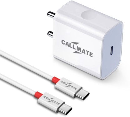 CALLMATE 20 W QUALCOMM 3.0 3 A MOBILE 20W PD ULTRA-COMPACT USB C WALL CHARGER WITH TYPE C CABLE FOR ALL TYPE C DEVICES CHARGER WITH DETACHABLE CABLE (WHITE, CABLE INCLUDED)