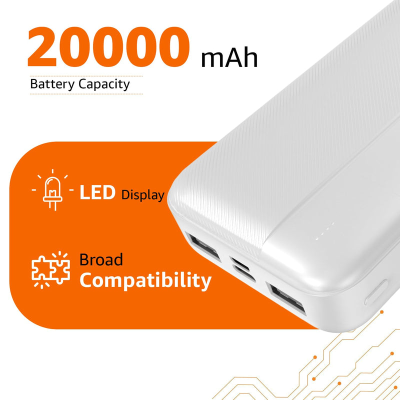 AMAZON BASICS 20000 MAH POWER BANK DUAL OUTPUT USB-A PORTS (WHITE) [Activated] [GRADE A]