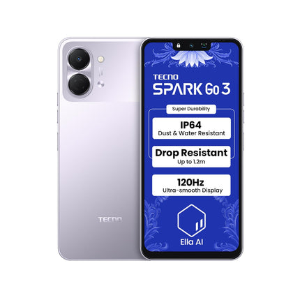 Tecno Spark GO 3 ( Super Durability Drop Resistant & IP64 Rated | Make Calls Without Network* |Ella Al in Your Own Language | Super Smooth 120Hz 6.74" Display |5000mAh Battery