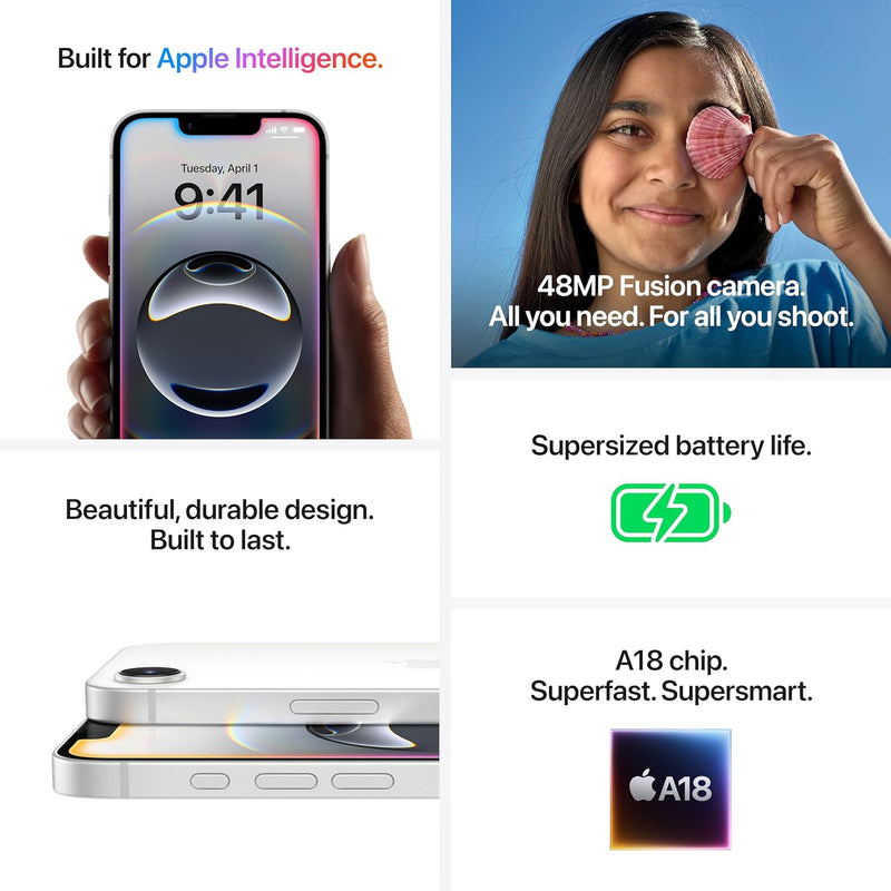 iPhone 16e 128 GB: Built for Apple Intelligence, A18 Chip, Supersized Battery Life, 48MP Fusion. Camera, 15.40 cm (6.1″) Super Retina XDR Display; White (Open Box)
