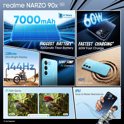 realme NARZO 90x 5G (Flash Blue,8GB+128GB) | 7000mAh + 60W Biggest Battery & Fastest Charging in The Segment* | 144Hz Bright Display | Sony 50MP AI Rear Camera | AI Assist | 400% Ultra Boom Speaker