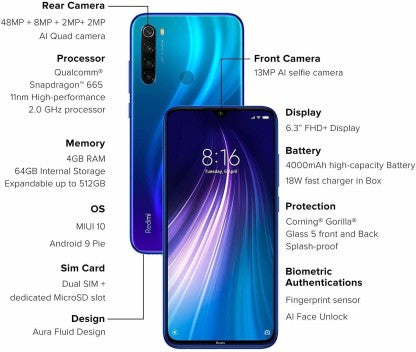 REDMI NOTE 8 (NEPTUNE BLUE, 64 GB)  (4 GB RAM) [Activated] [GRADE A]