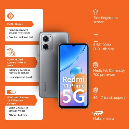 REDMI 11 PRIME 5G (CHROME SILVER, 64 GB)  (4 GB RAM)
