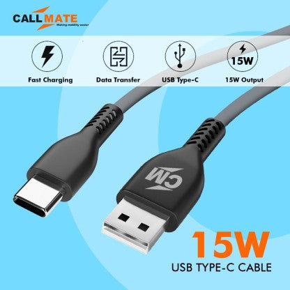 CALLMATE USB TYPE C CABLE 1.5 M 15W CHARGING &AMP; DATA CABLE FOR ALL TYPE C DEVICES  (COMPATIBLE WITH MOBILE, BLACK, ONE CABLE)
