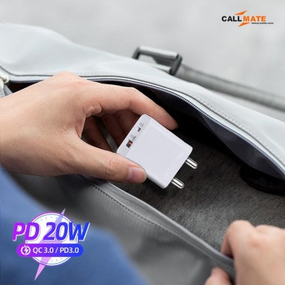 CALLMATE 20 W QUALCOMM 3.0 3 A MULTIPORT MOBILE 20W PD QC ULTRA-COMPACT USB C WALL CHARGER, WITH DUAL PORTS CHARGER WITH DETACHABLE CABLE  (WHITE, CABLE INCLUDED)