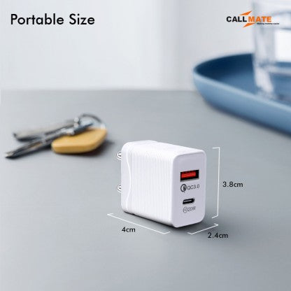 CALLMATE 20 W QUALCOMM 3.0 3 A MULTIPORT MOBILE 20W PD QC ULTRA-COMPACT USB C WALL CHARGER, WITH DUAL PORTS CHARGER WITH DETACHABLE CABLE  (WHITE, CABLE INCLUDED)