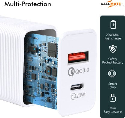 CALLMATE 20 W QUALCOMM 3.0 3 A MULTIPORT MOBILE 20W PD QC ULTRA-COMPACT USB C WALL CHARGER, WITH DUAL PORTS CHARGER WITH DETACHABLE CABLE  (WHITE, CABLE INCLUDED)
