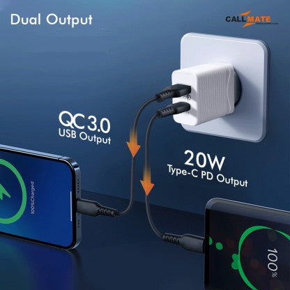 CALLMATE 20 W QUALCOMM 3.0 3 A MULTIPORT MOBILE 20W PD QC ULTRA-COMPACT USB C WALL CHARGER, WITH DUAL PORTS CHARGER WITH DETACHABLE CABLE  (WHITE, CABLE INCLUDED)