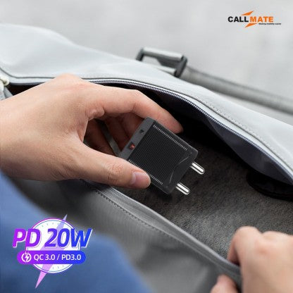 CALLMATE 20 W PD 3 A MULTIPORT MOBILE 20W PD QC ULTRA-COMPACT USB C WALL CHARGER, WITH DUAL PORTS CHARGER WITH DETACHABLE CABLE  (BLACK, CABLE INCLUDED)