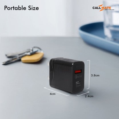 CALLMATE 20 W PD 3 A MULTIPORT MOBILE 20W PD QC ULTRA-COMPACT USB C WALL CHARGER, WITH DUAL PORTS CHARGER WITH DETACHABLE CABLE  (BLACK, CABLE INCLUDED)