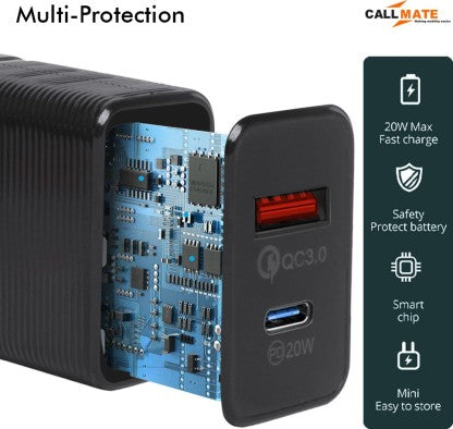 CALLMATE 20 W PD 3 A MULTIPORT MOBILE 20W PD QC ULTRA-COMPACT USB C WALL CHARGER, WITH DUAL PORTS CHARGER WITH DETACHABLE CABLE  (BLACK, CABLE INCLUDED)