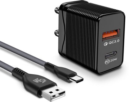 CALLMATE 20 W PD 3 A MULTIPORT MOBILE 20W PD QC ULTRA-COMPACT USB C WALL CHARGER, WITH DUAL PORTS CHARGER WITH DETACHABLE CABLE  (BLACK, CABLE INCLUDED)