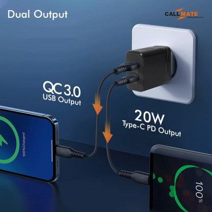 CALLMATE 20 W PD 3 A MULTIPORT MOBILE 20W PD QC ULTRA-COMPACT USB C WALL CHARGER, WITH DUAL PORTS CHARGER WITH DETACHABLE CABLE  (BLACK, CABLE INCLUDED)