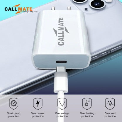 CALLMATE 20 W QUALCOMM 3.0 3 A MOBILE 20W PD ULTRA-COMPACT USB C WALL CHARGER WITH TYPE C CABLE FOR ALL TYPE C DEVICES CHARGER WITH DETACHABLE CABLE  (WHITE, CABLE INCLUDED)