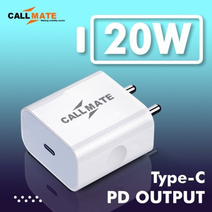CALLMATE 20 W QUALCOMM 3.0 3 A MOBILE 20W PD ULTRA-COMPACT USB C WALL CHARGER WITH TYPE C CABLE FOR ALL TYPE C DEVICES CHARGER WITH DETACHABLE CABLE  (WHITE, CABLE INCLUDED)