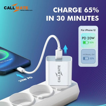 CALLMATE 20 W QUALCOMM 3.0 3 A MOBILE 20W PD ULTRA-COMPACT USB C WALL CHARGER WITH TYPE C CABLE FOR ALL TYPE C DEVICES CHARGER WITH DETACHABLE CABLE  (WHITE, CABLE INCLUDED)