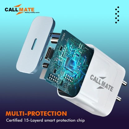 CALLMATE 20 W QUALCOMM 3.0 3 A MOBILE 20W PD ULTRA-COMPACT USB C WALL CHARGER WITH TYPE C CABLE FOR ALL TYPE C DEVICES CHARGER WITH DETACHABLE CABLE  (WHITE, CABLE INCLUDED)
