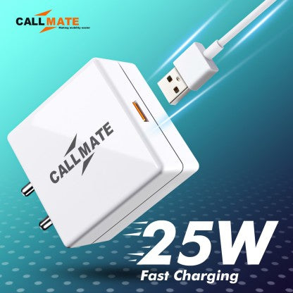 CALLMATE 25 W 5 A MOBILE 25W ULTRA-COMPACT USB WALL CHARGER WITH TYPE C CABLE FOR ALL DEVICES CHARGER WITH DETACHABLE CABLE  (WHITE, CABLE INCLUDED)