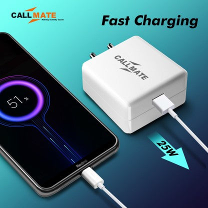 CALLMATE 25 W 5 A MOBILE 25W ULTRA-COMPACT USB WALL CHARGER WITH TYPE C CABLE FOR ALL DEVICES CHARGER WITH DETACHABLE CABLE  (WHITE, CABLE INCLUDED)