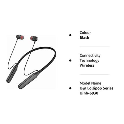 U&AMP;I LOLLIPOP SERIES UINB-6930,TYPE-C-CHARGING SUPPORT IN EAR NECKBAND 16 HOURS PLAYTIME BLUETOOTH HEADSET (BLACK, IN THE EAR)