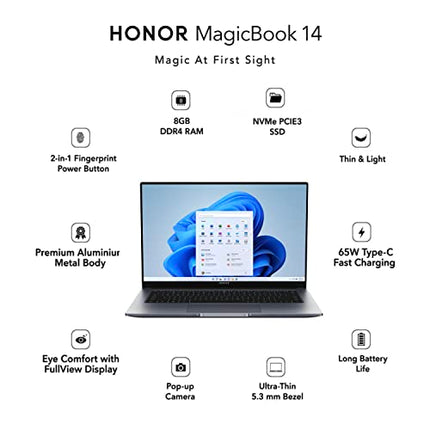 HONOR MAGICBOOK 14, AMD RYZEN 5 5500U 14-INCH (35.56 CM) FHD IPS ANTI-GLARE THIN AND LIGHT LAPTOP (8GB/512GB PCIE SSD/WINDOWS 11/FINGERPRINT LOGIN/METAL BODY/BACKLIT KB/1.38KG), GRAY, NOBELM-WDQ9BHNE