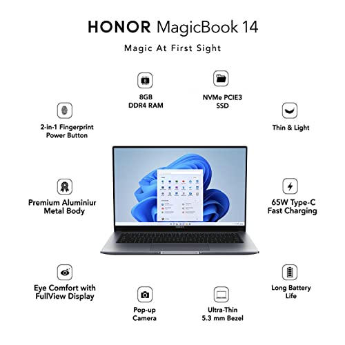 HONOR MAGICBOOK 14, AMD RYZEN 5 5500U 14-INCH (35.56 CM) FHD IPS ANTI-GLARE THIN AND LIGHT LAPTOP (8GB/512GB PCIE SSD/WINDOWS 11/FINGERPRINT LOGIN/METAL BODY/BACKLIT KB/1.38KG), GRAY, NOBELM-WDQ9BHNE