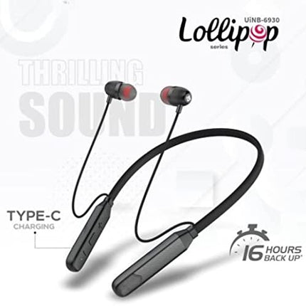 U&AMP;I LOLLIPOP SERIES UINB-6930,TYPE-C-CHARGING SUPPORT IN EAR NECKBAND 16 HOURS PLAYTIME BLUETOOTH HEADSET (BLACK, IN THE EAR)