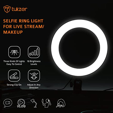 TUKZER 8-INCH LED USB SELFIE RING LIGHT WITH CLAMP MOUNT, 3 LIGHT MODES &AMP; 10 LEVEL BRIGHTNESS, FOR LAPTOP/PC/MONITOR/DESK/BED/OFFICE/VIDEO CONFERENCING/LIVE STREAMING/MAKEUP/WEBCAM/CLASSES