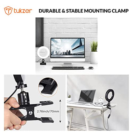 TUKZER 8-INCH LED USB SELFIE RING LIGHT WITH CLAMP MOUNT, 3 LIGHT MODES &AMP; 10 LEVEL BRIGHTNESS, FOR LAPTOP/PC/MONITOR/DESK/BED/OFFICE/VIDEO CONFERENCING/LIVE STREAMING/MAKEUP/WEBCAM/CLASSES