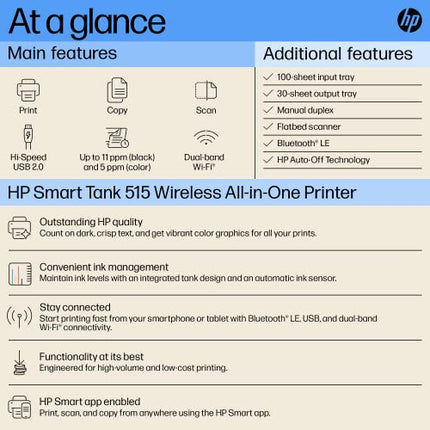 HP SMART TANK 515 ALL-IN-ONE WIRELESS INK TANK COLOUR PRINTER, HIGH CAPACITY TANK (6000 BLACK AND 8000 COLOUR) WITH AUTOMATIC INK SENSOR