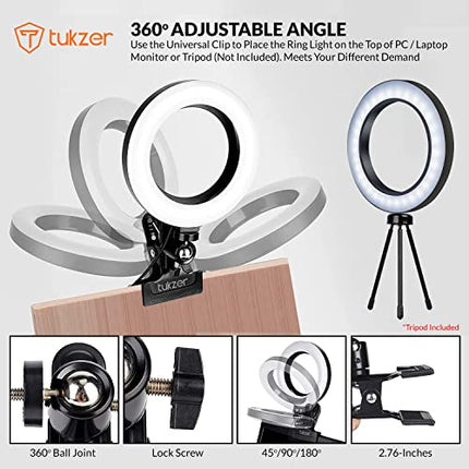 TUKZER 8-INCH LED USB SELFIE RING LIGHT WITH CLAMP MOUNT, 3 LIGHT MODES &AMP; 10 LEVEL BRIGHTNESS, FOR LAPTOP/PC/MONITOR/DESK/BED/OFFICE/VIDEO CONFERENCING/LIVE STREAMING/MAKEUP/WEBCAM/CLASSES