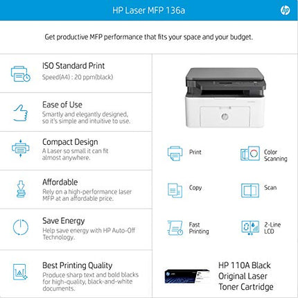 HP LASERJET 136A LASER MONOCHROME PRINT, SCAN, COPY WITH USB CONNECTIVITY, COMPACT DESIGN, FAST PRINTING