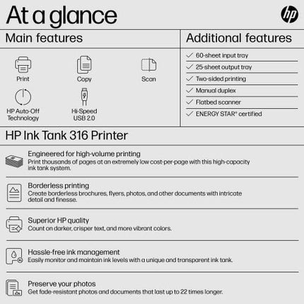 HP INK TANK 316 ALL-IN-ONE COLOUR PRINTER WITH UPTO 7500 BLACK AND 8000 COLOUR PAGES INCLUDED IN THE BOX - PRINT, SCAN &AMP; COPY FOR OFFICE/HOME