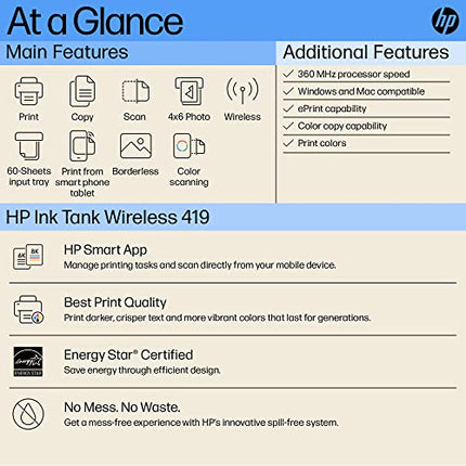 HP INK TANK 419 ALL-IN-ONE WIFI COLOUR PRINTER WITH 1 ADDITIONAL BLACK INK BOTTLE IN THE BOX (UPTO 15000 BLACK AND 8000 COLOUR PAGES INCLUDED IN THE BOX). - PRINT, SCAN &AMP; COPY FOR OFFICE/HOME