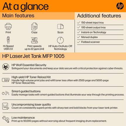 HP LASERJET TANK 1005W PRINTER FOR HOME &AMP; SMBS: 3-IN-1 PRINT+COPY+SCAN, MESS-FREE 15 SEC TONER REFILL, LOWEST COST/PAGE-B&AMP;W PRINTS, DUAL BAND WI-FI, SMART GUIDED BUTTONS, MOBILE PRINTING.