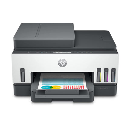 HP SMART 750 WIFI DUPLEX PRINTER WITH SMART-GUIDED BUTTON, PRINT, SCAN, COPY, WIRELESS AND ADF, HI-CAPACITY TANK WITH AUTO INK, PAPER SENSOR, UP TO 12K BLACK OR 8K COLOR PAGES OF INK IN THE BOX[Like New]
