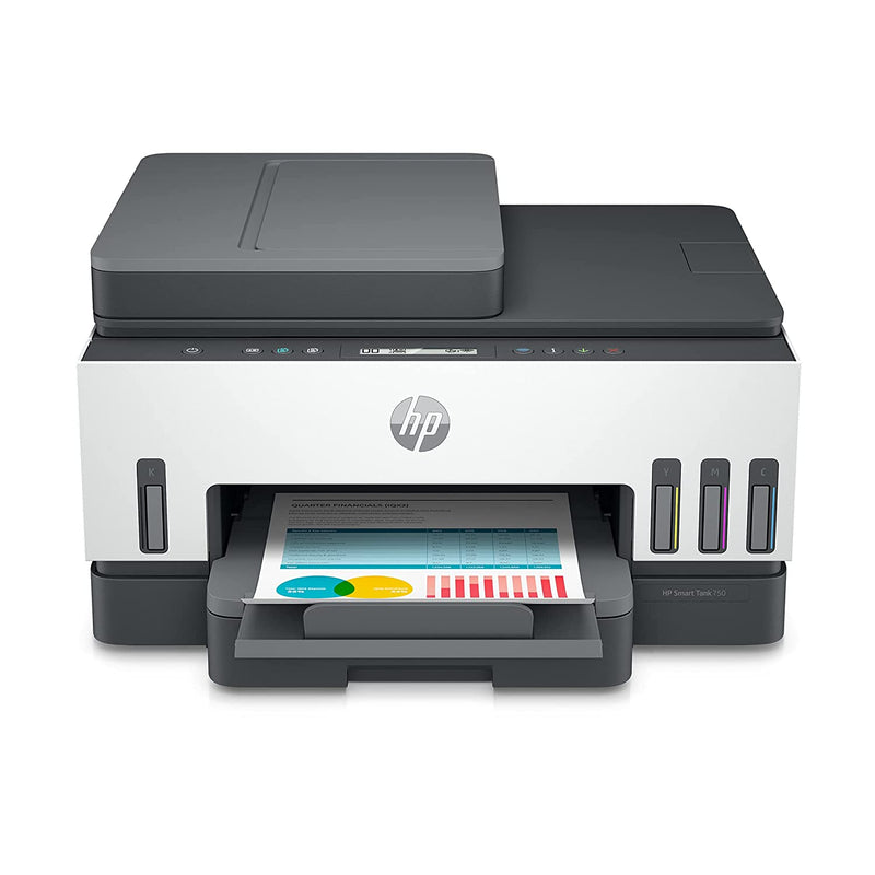 HP SMART 750 WIFI DUPLEX PRINTER WITH SMART-GUIDED BUTTON, PRINT, SCAN, COPY, WIRELESS AND ADF, HI-CAPACITY TANK WITH AUTO INK, PAPER SENSOR, UP TO 12K BLACK OR 8K COLOR PAGES OF INK IN THE BOX[Like New]