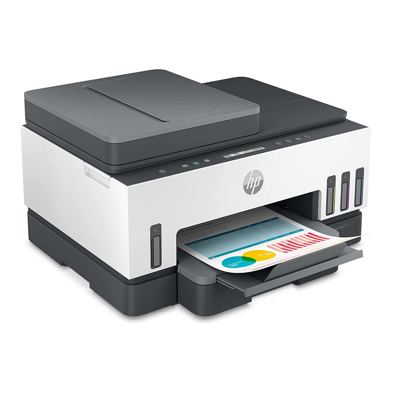 HP SMART 750 WIFI DUPLEX PRINTER WITH SMART-GUIDED BUTTON, PRINT, SCAN, COPY, WIRELESS AND ADF, HI-CAPACITY TANK WITH AUTO INK, PAPER SENSOR, UP TO 12K BLACK OR 8K COLOR PAGES OF INK IN THE BOX[Like New]