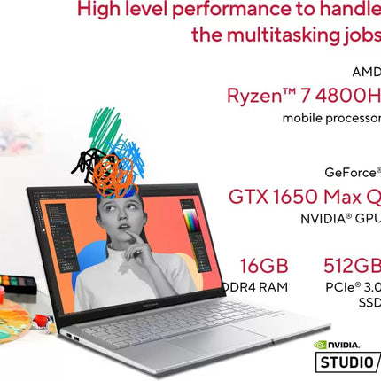 ASUS VIVOBOOK PRO 15 RYZEN 7 OCTA CORE AMD R7-4800H - (16 GB/512 GB SSD/WINDOWS 11 HOME/4 GB GRAPHICS/NVIDIA GEFORCE GTX 1650 MAX Q) M6500IH-HN702WS CREATOR LAPTOP (15.6 INCH, COOL SILVER, 1.80 KG)