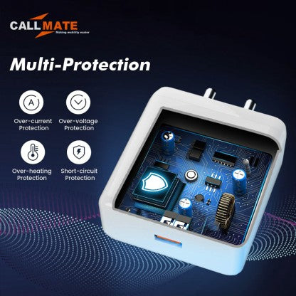 CALLMATE 65 W 6 A MOBILE ULTRA-COMPACT USB WALL TYPE C FOR ALL DEVICES CHARGER WITH DETACHABLE CABLE  (WHITE, CABLE INCLUDED)