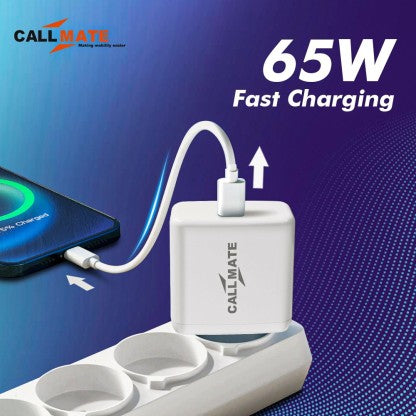 CALLMATE 65 W 6 A MOBILE ULTRA-COMPACT USB WALL TYPE C FOR ALL DEVICES CHARGER WITH DETACHABLE CABLE  (WHITE, CABLE INCLUDED)
