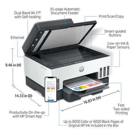 HP SMART 750 WIFI DUPLEX PRINTER WITH SMART-GUIDED BUTTON, PRINT, SCAN, COPY, WIRELESS AND ADF, HI-CAPACITY TANK WITH AUTO INK, PAPER SENSOR, UP TO 12K BLACK OR 8K COLOR PAGES OF INK IN THE BOX[Like New]