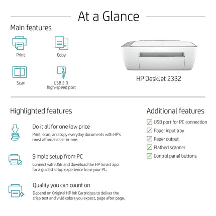 HP DESKJET 2332 COLOUR PRINTER, SCANNER AND COPIER FOR HOME/SMALL OFFICE, COMPACT SIZE, RELIABLE, EASY SET-UP THROUGH HP SMART APP ON YOUR PC CONNECTED THROUGH USB, IDEAL FOR HOME.[Like New]