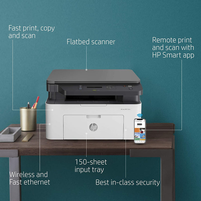 HP LASERJET 136NW WIFI PRINTER, PRINT COPY SCAN, COMPACT DESIGN, RELIABLE AND FAST PRINTING, NETWORK SUPPORT[Like New]