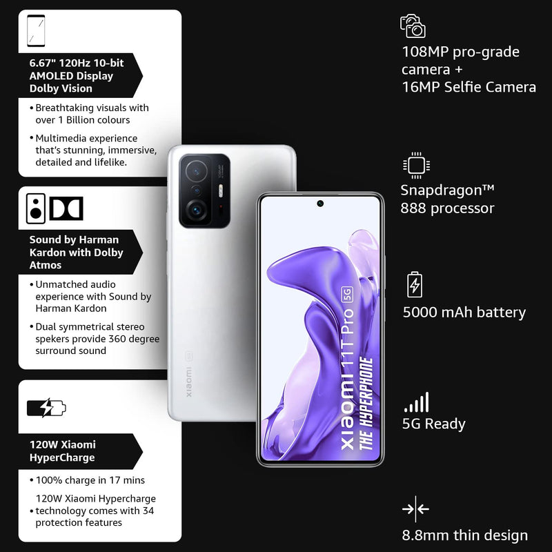 XIAOMI 11T PRO 5G HYPERPHONE (MOONLIGHT WHITE, 12GB RAM, 256GB STORAGE)|SD 888|120W HYPERCHARGE|SEGMENT&#39;S ONLY PHONE WITH DOLBY VISION+DOLBY ATMOS [Like New]