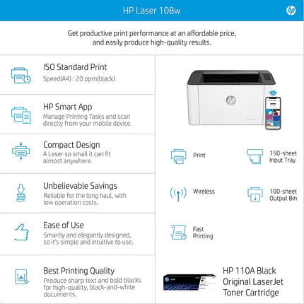 HP LASERJET 108W SINGLE FUNCTION MONOCHROME LASER WI-FI PRINTER FOR HOME/OFFICE, COMPACT DESIGN, PRINTING[Like New]