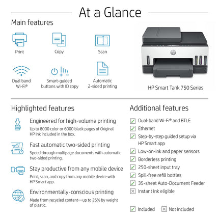 HP SMART 750 WIFI DUPLEX PRINTER WITH SMART-GUIDED BUTTON, PRINT, SCAN, COPY, WIRELESS AND ADF, HI-CAPACITY TANK WITH AUTO INK, PAPER SENSOR, UP TO 12K BLACK OR 8K COLOR PAGES OF INK IN THE BOX[Like New]