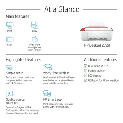 HP DESKJET 2729 AIO PRINTER, COPY, SCAN, WIFI, BLUETOOTH, USB, SIMPLE SETUP WITH HP SMART APP, IDEAL FOR HOME.[Like New]