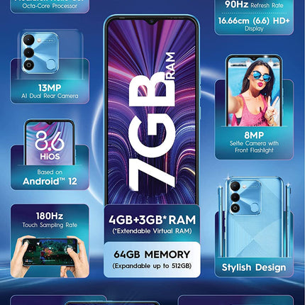 TECNO SPARK 9 (SKY MIRROR, 4GB RAM,64GB STORAGE) 7GB EXPANDABLE RAM HELIO G37 GAMING PROCESSOR